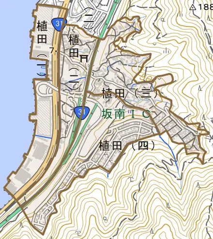 植田とその周辺の地図。町の範囲を重ねている