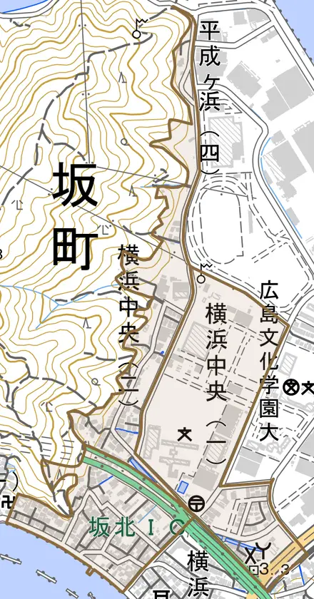 横浜中央とその周辺の地図。町の範囲を重ねている
