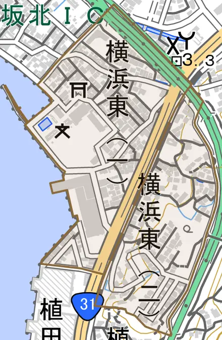 横浜東とその周辺の地図。町の範囲を重ねている