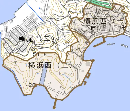 横浜西とその周辺の地図。町の範囲を重ねている