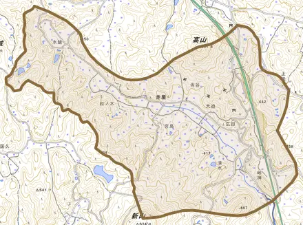 大字赤屋とその周辺の地図。町の範囲を重ねている
