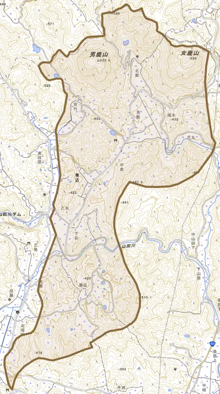 大字青近とその周辺の地図。町の範囲を重ねている