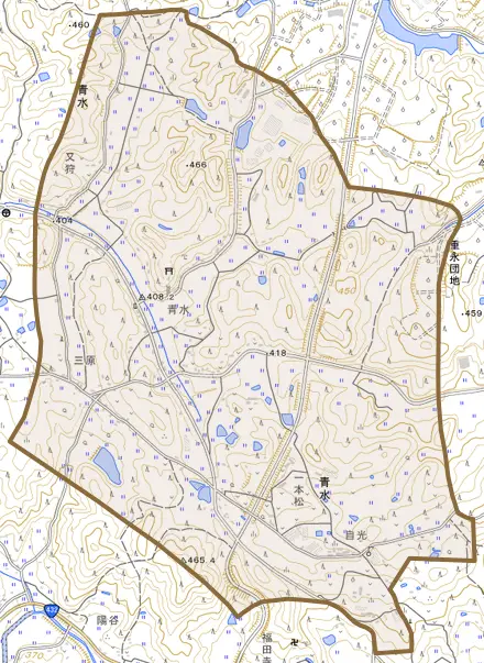 大字青水とその周辺の地図。町の範囲を重ねている