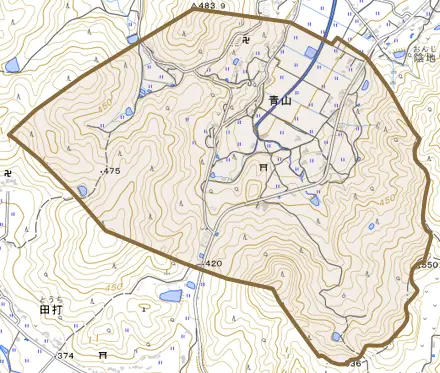 大字青山とその周辺の地図。町の範囲を重ねている