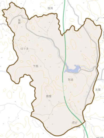 大字別迫とその周辺の地図。町の範囲を重ねている