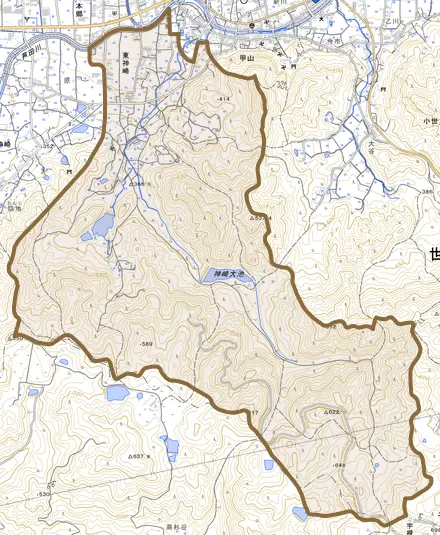 大字東神崎とその周辺の地図。町の範囲を重ねている