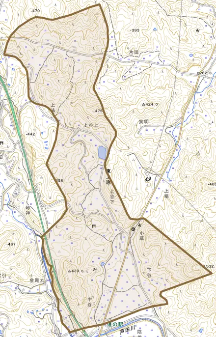 大字東上原とその周辺の地図。町の範囲を重ねている