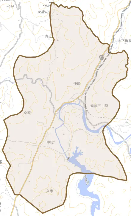 大字伊尾とその周辺の地図。町の範囲を重ねている
