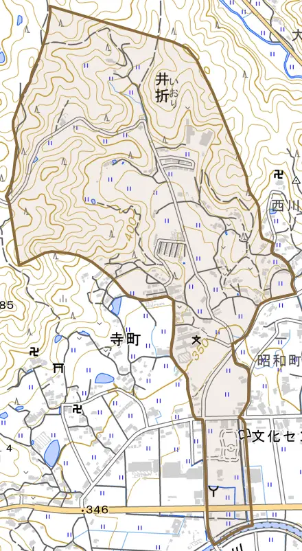 大字井折とその周辺の地図。町の範囲を重ねている