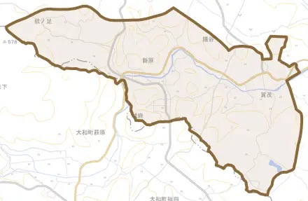 大字賀茂とその周辺の地図。町の範囲を重ねている