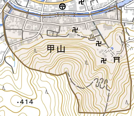 大字甲山とその周辺の地図。町の範囲を重ねている