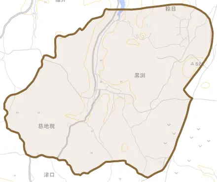 大字黒渕とその周辺の地図。町の範囲を重ねている