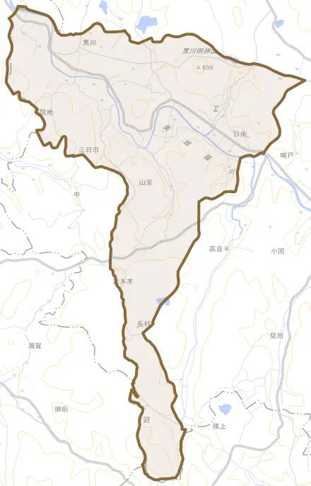 大字黒川とその周辺の地図。町の範囲を重ねている