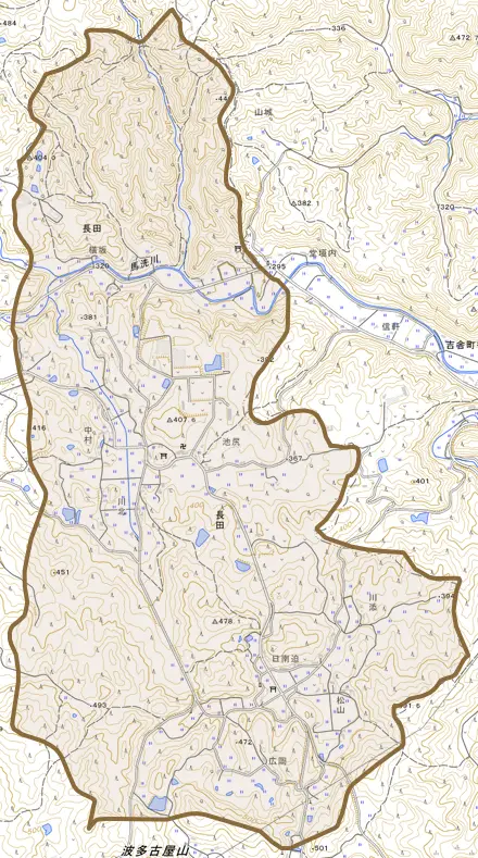 大字長田とその周辺の地図。町の範囲を重ねている