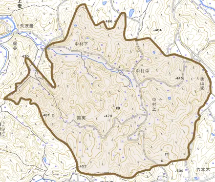 大字中とその周辺の地図。町の範囲を重ねている