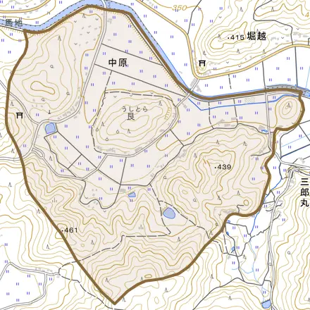 大字中原とその周辺の地図。町の範囲を重ねている