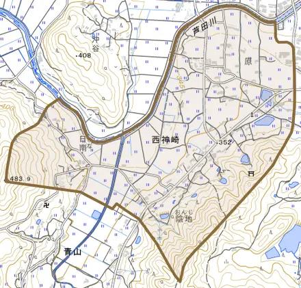 大字西神崎とその周辺の地図。町の範囲を重ねている