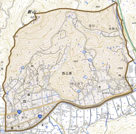 大字西上原とその周辺の地図。町の範囲を重ねている