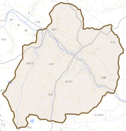 大字小国とその周辺の地図。町の範囲を重ねている