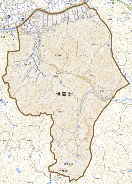 大字小世良とその周辺の地図。町の範囲を重ねている