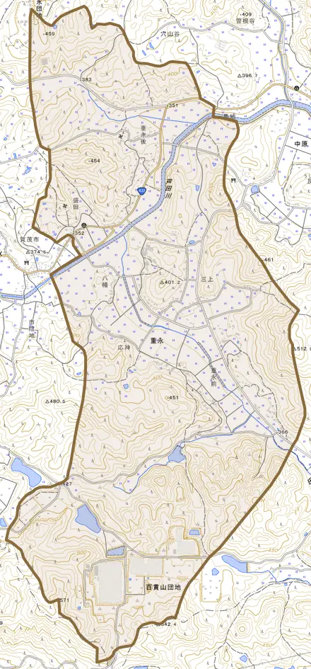 大字重永とその周辺の地図。町の範囲を重ねている