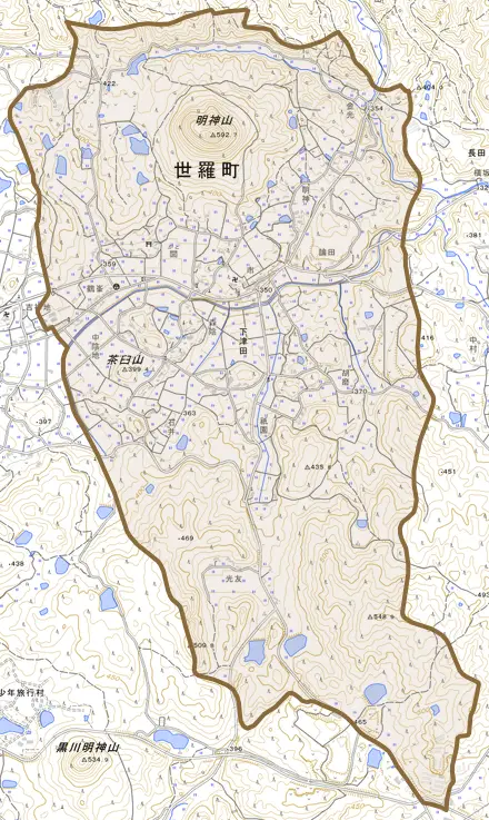 大字下津田とその周辺の地図。町の範囲を重ねている