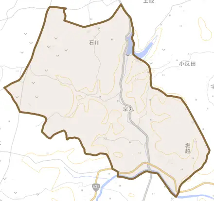 大字京丸とその周辺の地図。町の範囲を重ねている