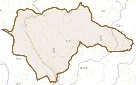 大字戸張とその周辺の地図。町の範囲を重ねている