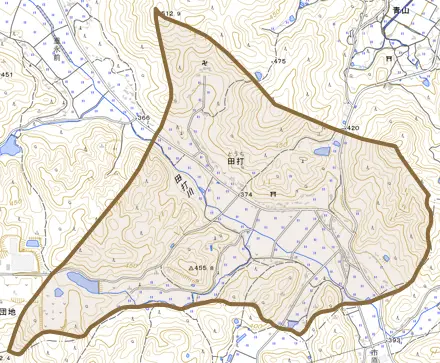 大字田打とその周辺の地図。町の範囲を重ねている