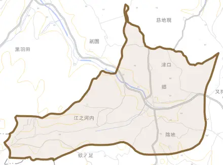 大字津口とその周辺の地図。町の範囲を重ねている