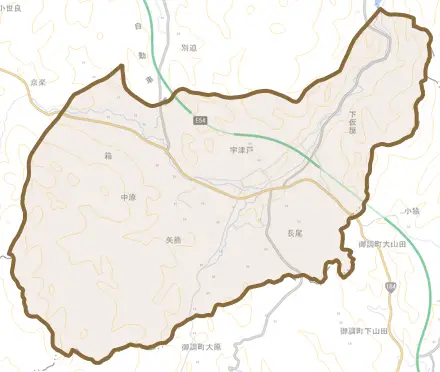 大字宇津戸とその周辺の地図。町の範囲を重ねている