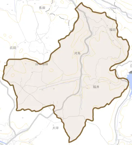 大字山中福田とその周辺の地図。町の範囲を重ねている