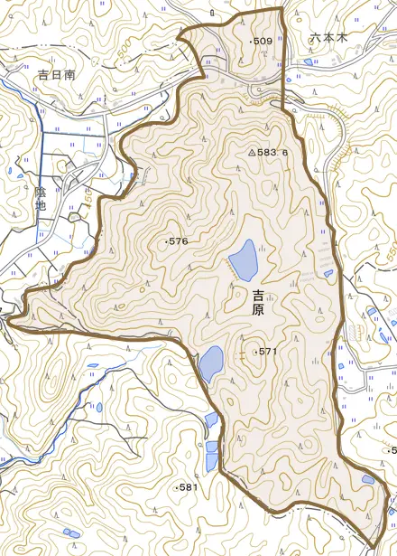大字吉原とその周辺の地図。町の範囲を重ねている
