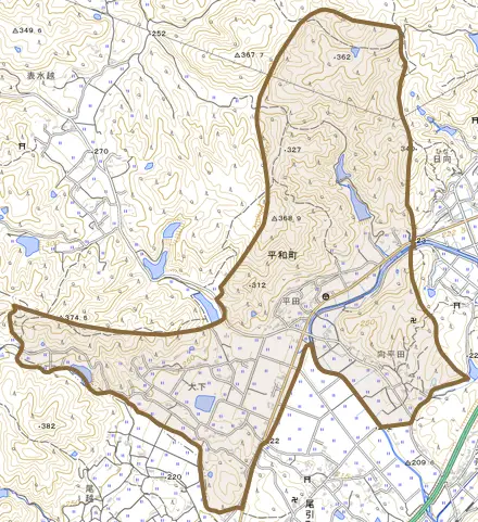 平和町とその周辺の地図。町の範囲を重ねている