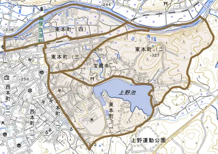 東本町とその周辺の地図。町の範囲を重ねている