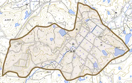 一木町とその周辺の地図。町の範囲を重ねている