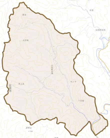 比和町古頃とその周辺の地図。町の範囲を重ねている