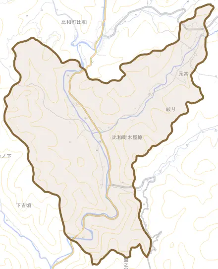 比和町木屋原とその周辺の地図。町の範囲を重ねている