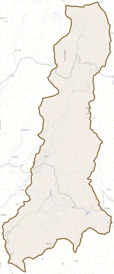 比和町三河内とその周辺の地図。町の範囲を重ねている