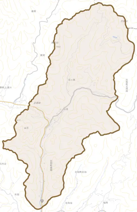 比和町森脇とその周辺の地図。町の範囲を重ねている