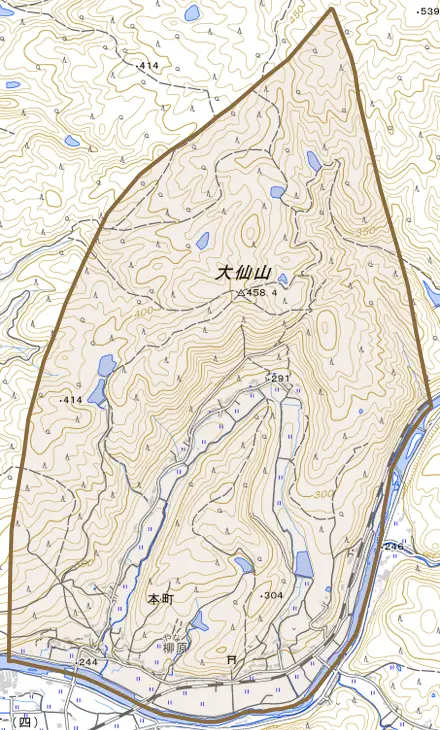 本町とその周辺の地図。町の範囲を重ねている