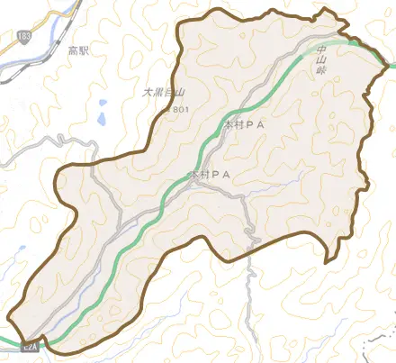 本村町とその周辺の地図。町の範囲を重ねている