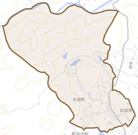 本郷町とその周辺の地図。町の範囲を重ねている