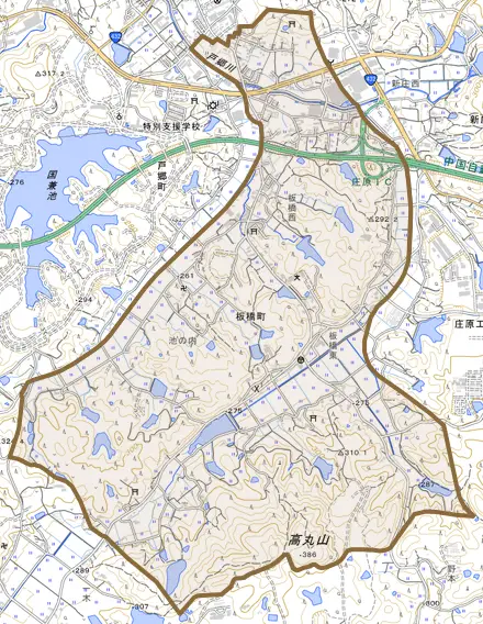 板橋町とその周辺の地図。町の範囲を重ねている
