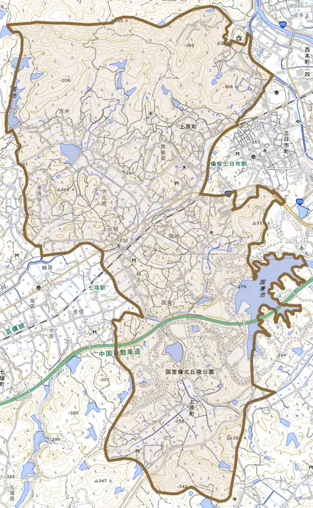 上原町とその周辺の地図。町の範囲を重ねている