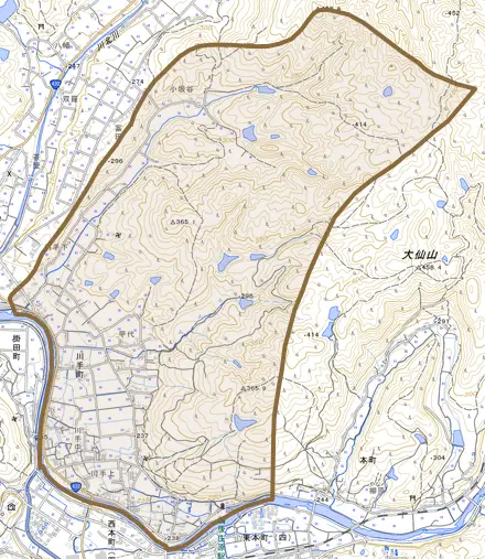 川手町とその周辺の地図。町の範囲を重ねている