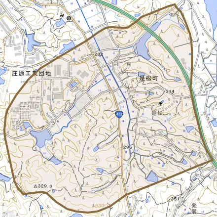 是松町とその周辺の地図。町の範囲を重ねている