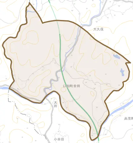 口和町金田とその周辺の地図。町の範囲を重ねている