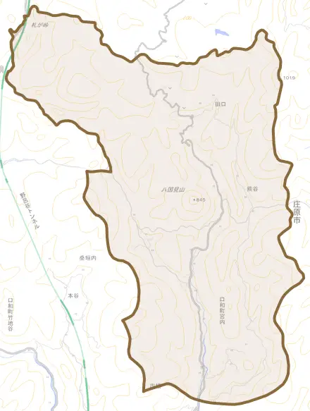 口和町宮内とその周辺の地図。町の範囲を重ねている