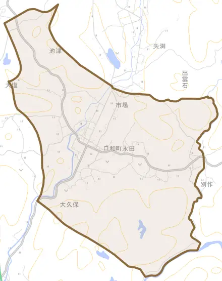 口和町永田とその周辺の地図。町の範囲を重ねている
